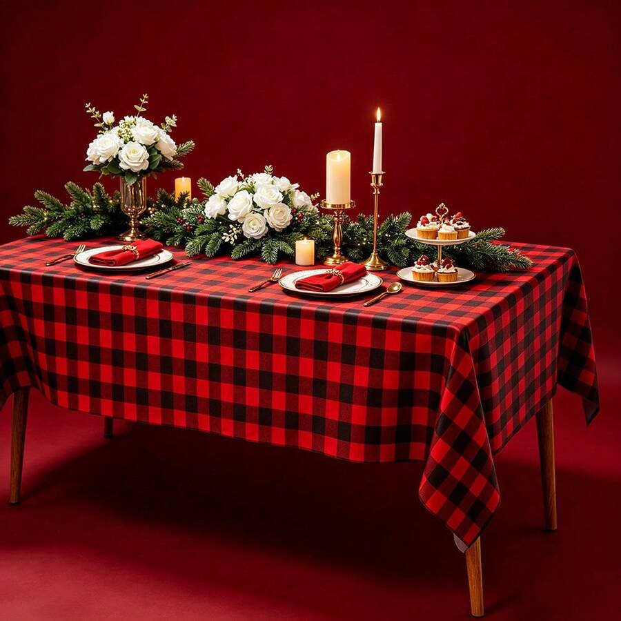 Duk, 3-pack/1-pack röd- och svartrutig rektangulär festduk, engångsdurk, röd rektangulär duk för picknick, födelsedag, jul, nyårsfestdekoration 54*108 tum - Rött och svart - Visa 1