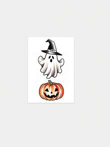 1pc Temporary Tattoo Sticker, Ghost With Witch Hat & Jack-O'-Lantern Pattern, Realistic Fake Tattoo Design, For Daily Wear, Bachelorette Party Favors, Music Festival, Game, Graduation Gift, Lasts 3‑5 Days - Multicolor - View 3