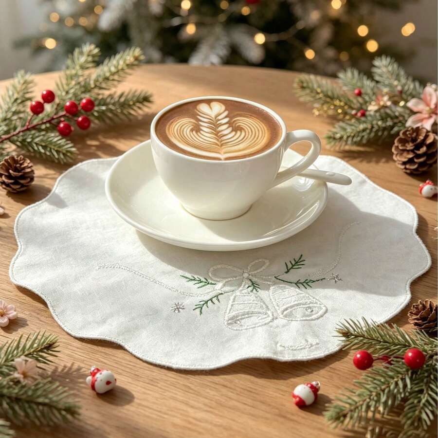 1/4pcs White Wavy Edge Christmas Bell Embroidered Placemats, Fabric Heat-Resistant Mats, Holiday Tabletop Decoration - White - View 1