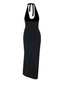 Autumn Contrast Color Lace Trim U-Neck Split Hem Dress Women Elegant Party Date - Black - View 7