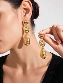 1 Pair Fashion Long Gold Asymmetrical Shiny Geometric Metal Dangle Earrings For Women Daily Wear Party Ball - Yellow Gold - View 1