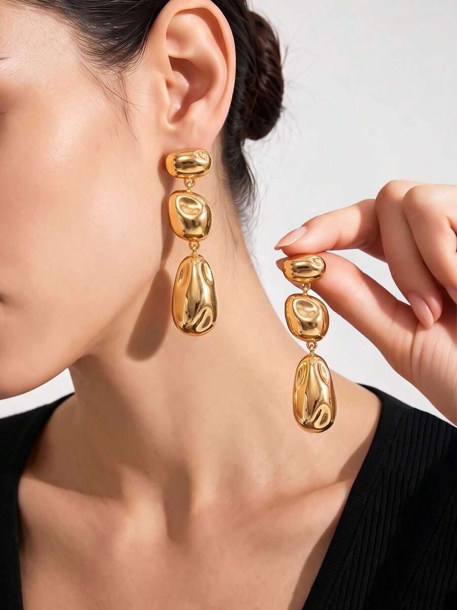 1 Pair Fashion Long Gold Asymmetrical Shiny Geometric Metal Dangle Earrings For Women Daily Wear Party Ball - Yellow Gold - View 1
