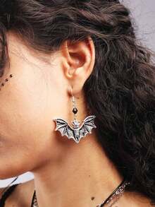 2pcs Vintage Gothic Black Beaded Bat Earrings For Women, Halloween - Black - View 1