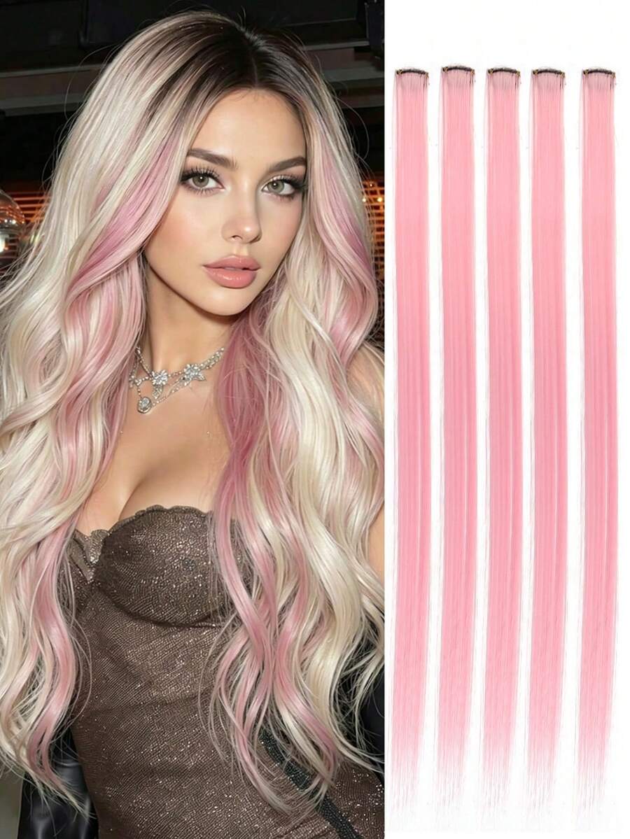 5pcs Blue Hair Clips Extensions, Women Synthetic Fiber Wigs, Can Match Various Hairstyles Without Going To Salon, Suitable For Daily Use And Parties