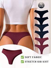 6pcs/Set Ribbed Comfortable G-String T-Back Thong Panties, Seamless Sexy Triangle Briefs For Women - Multicolor - View 2