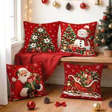 4pcs Classic Red Christmas Pillow Covers, Christmas Tree Snowman Santa Claus Sleigh Gift Print Pattern, Single-Sided Printed Pillow Covers/Cushion Covers, Multi-Scene Atmosphere Decorative Pillow Covers Suitable For Living Room Sofa Bedroom, Pillow Insert Not Included - Multicolor - View 1