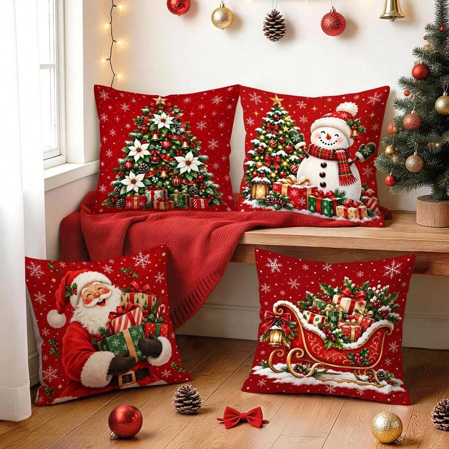 4pcs Classic Red Christmas Pillow Covers, Christmas Tree Snowman Santa Claus Sleigh Gift Print Pattern, Single-Sided Printed Pillow Covers/Cushion Covers, Multi-Scene Atmosphere Decorative Pillow Covers Suitable For Living Room Sofa Bedroom, Pillow Insert Not Included - Multicolor - View 1