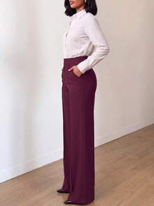 Plus Size Burgundy Multi-Purpose Commute Minimalist Solid Color Wide Leg Pants, Daily Wear - Burgundy - View 5