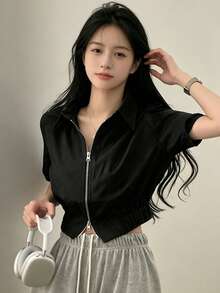 YCYC 女款甜美夏季純色雙拉鍊短袖休閒襯衫 - 黑色 - 查看 4