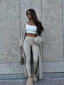 FOR BEAUTY V-Neck Oversized Cardigan, Fashionable & Versatile, Minimalist Long Knit Sweater Jacket, Gray Cardigan, New Year Casual Fall - Grey - View 2