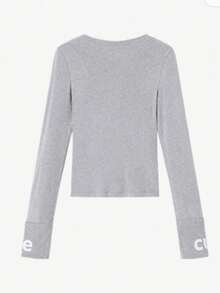 Women's Autumn Round Neck Long Sleeve Slim Fit Letter Print T-Shirt - Grey - View 2