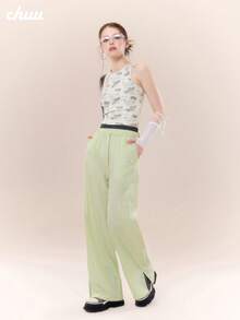 CHUU Drawstring Split Hem Casual Pants Women Autumn Design Elastic Waist Patchwork Versatile Wide Leg Long Pants - Mint Green - View 5