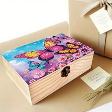 1pc Handmade Wooden Lockable Flip Lid Box With Floral Pattern Lid - Multi-Functional Jewelry And Small Accessories Storage Box, Suitable For Office Desk, Vanity, Wedding Gift Box, Birthday/New Year/Easter Gift, Decorative Small Item Storage Box - Multicolor - View 1