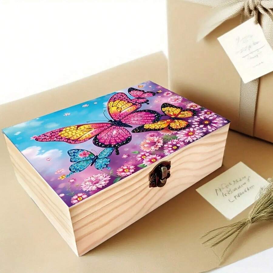 1pc Handmade Wooden Lockable Flip Lid Box With Floral Pattern Lid - Multi-Functional Jewelry And Small Accessories Storage Box, Suitable For Office Desk, Vanity, Wedding Gift Box, Birthday/New Year/Easter Gift, Decorative Small Item Storage Box - Multicolor - View 1