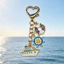 1pc Ocean Theme Enamel Keychain, Heart-Shaped Clasp With Ocean Animals, Sailboat And Lighthouse Bag Charm, Backpack Pendant, Holiday Gift For Girls And Women - Multicolor - View 9