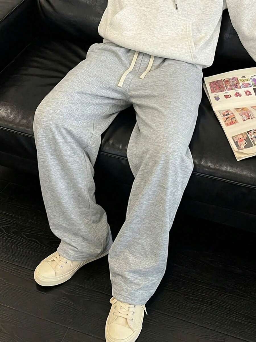 American Retro Wide Leg Sweatpants For Men, Loose Drape Concealing And Slimming, Drawstring High Waist Design Suitable For Various Body Types. Versatile For Daily Commute, Streetwear, Fashionable Men's Casual Long Pants - Light Grey - View 1