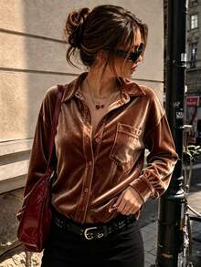 Women Brown Button Up Blouse, Fall Clothes For Women, Fall Halloween Casual Wear - Coffee Brown - View 1