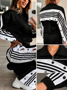 Women's Fashion Black & White Long Sleeve Shirt Jacket, Stand Collar Design, Button Detail - Black - View 4