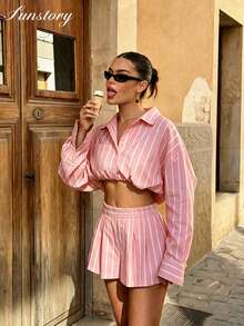 Roviva Women's Autumn/Spring New Bohemian Vintage Striped 2 Pieces Set, Button-Down Striped Shirt + Striped Mini Skirt, Suitable For Beach, Party, Outdoor Street Photography, Daily Wear, Dating, Back To School, Teacher's Day, Commuting, Office, Casual Vacation, Music Festival - Pink - View 2