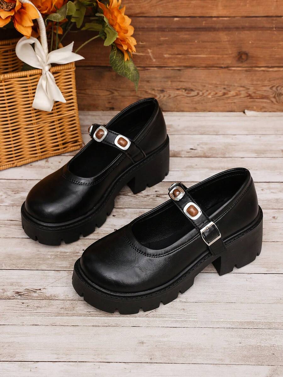 Black Thick Sole Mary Jane Loafers Women Round Toe Buckle Strap Academy Style Daily Versatile Leather Shoes - Black - View 1