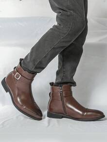 ZCZ Men Cap‑Toe Buckle Ankle Boots, Side Zip Pointed Toe Low Heel Vintage Business Casual Short Boots - Brown - View 5