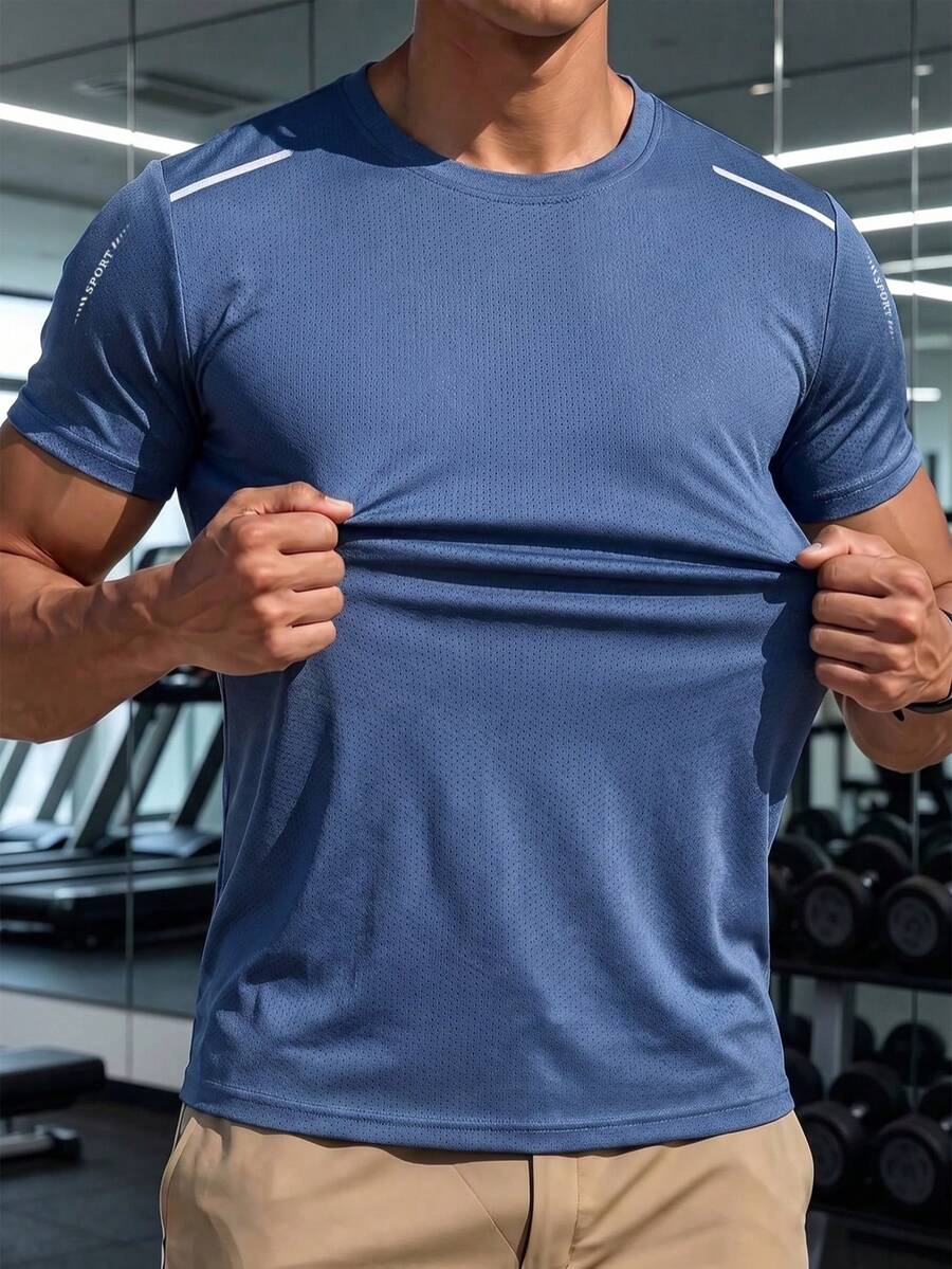 Men's Sports Running Short Sleeve Simple Elastic Breathable T-Shirt, Suitable For Summer Gym - Dusty Blue - View 1