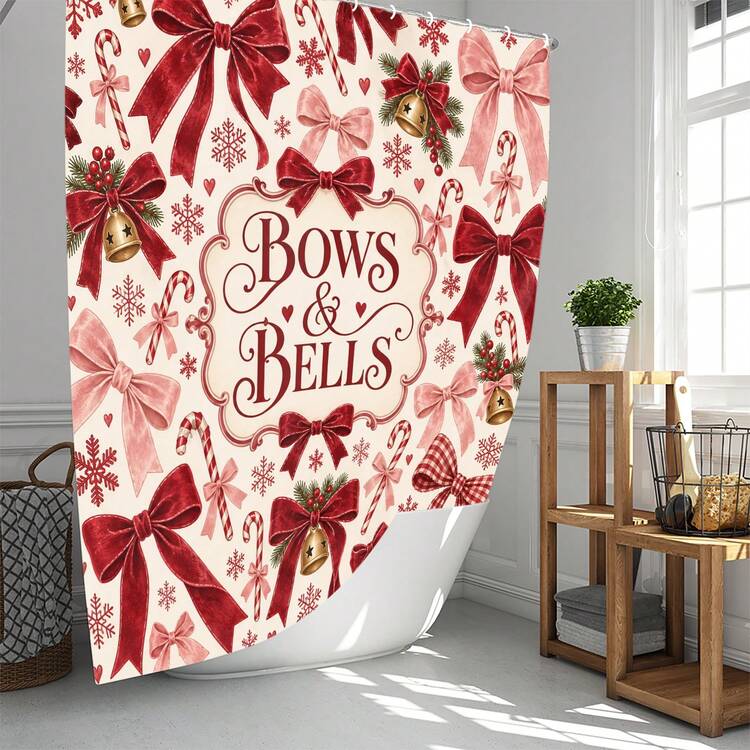 1pc/4pcs Bow & Bell Pattern Multi-Functional Bathroom Decor Shower Curtain Set Free 12 Hooks Premium Festive Atmosphere Bathroom Mat U-Shaped Floor Mat And Round Toilet Lid Cover Suitable For All Scenes Decoration Bathroom Set - Bow Bell - View 2