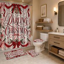 Set Dekorasi Kamar Mandi Multifungsi Motif Pita Renda 1pc/4pcs, Tirai Shower dengan 12 Kait Gratis, Keset Lantai Bentuk U dan Penutup Dudukan Toilet Bulat, Premium untuk Suasana Liburan, Cocok untuk Semua Dekorasi Ruangan - Pita renda - View 4