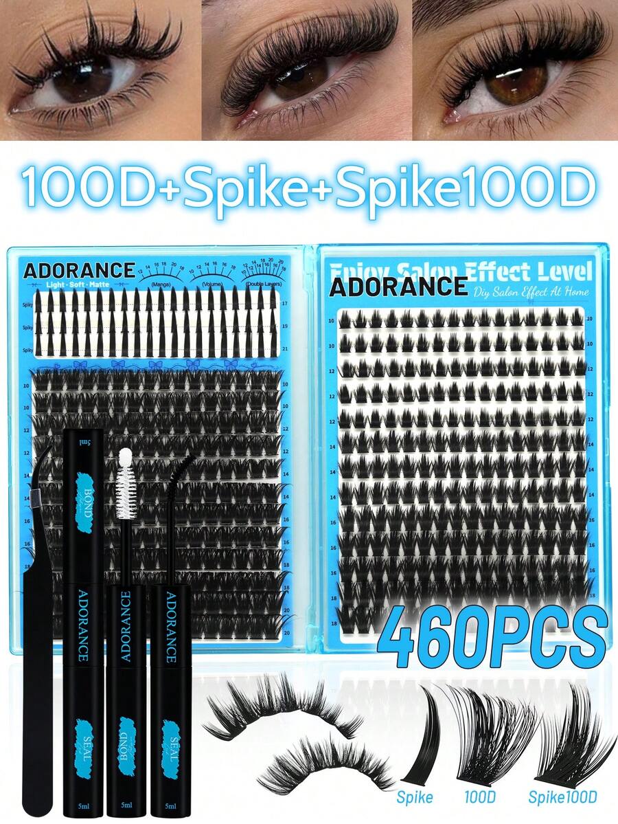 ADORANCE 100D Spiky False Eyelash Set, Cartoon Anime Style, 10-20mm Thick Spiky Individual Eyelashes, Includes Adhesive Glue And Tweezers, DIY Exaggerated Makeup - Black - View 1