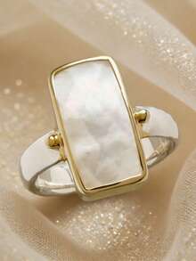 1pc Elegant Silver-Plated Asymmetrical Square Pattern Shell Decor Ring, Suitable For Daily Wear And As A Gift For Occasions Like Valentine's Day And Parties - Silver - View 1