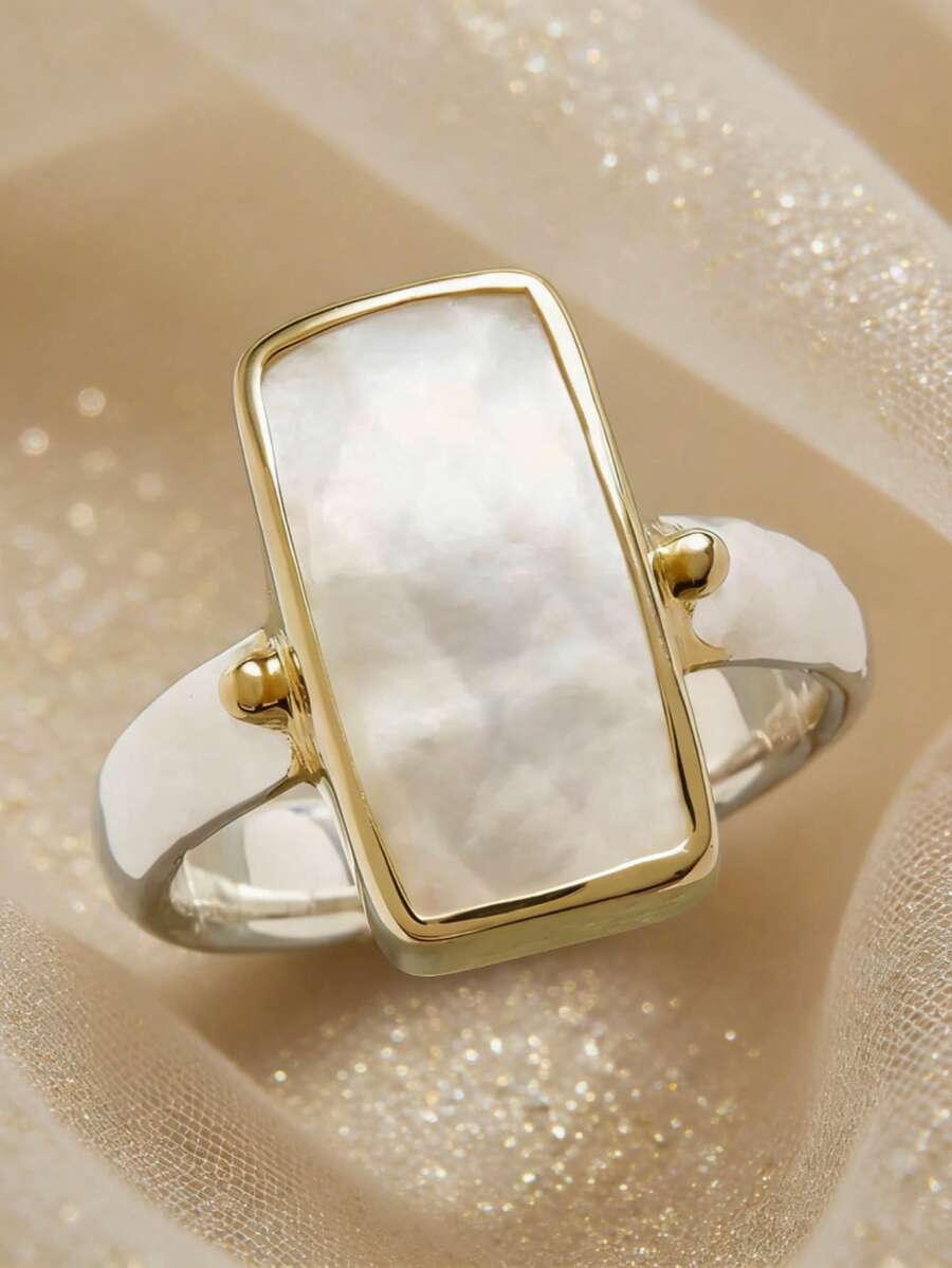1pc Elegant Silver-Plated Asymmetrical Square Pattern Shell Decor Ring, Suitable For Daily Wear And As A Gift For Occasions Like Valentine's Day And Parties - Silver - View 1