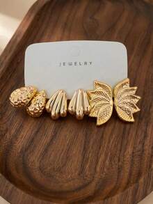 8 Pairs Combination Metal Gold Earrings Set European & American Vintage Sunflower Flower Shell Water Drop Stud Earrings Exaggerated Atmosphere Ear Jewelry For Women - Gold - View 5