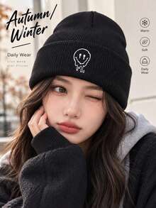 1pc Fashion Couple Melting Dripping Smiling Face Embroidered Knit Hat, Soft Rolled Edge Winter Skull Cap, Stretchy Comfortable Warm Street Style Beanie, Suitable For Autumn/Winter Daily Wear And Outdoor Warmth - Melting Drip  Face Style - View 10