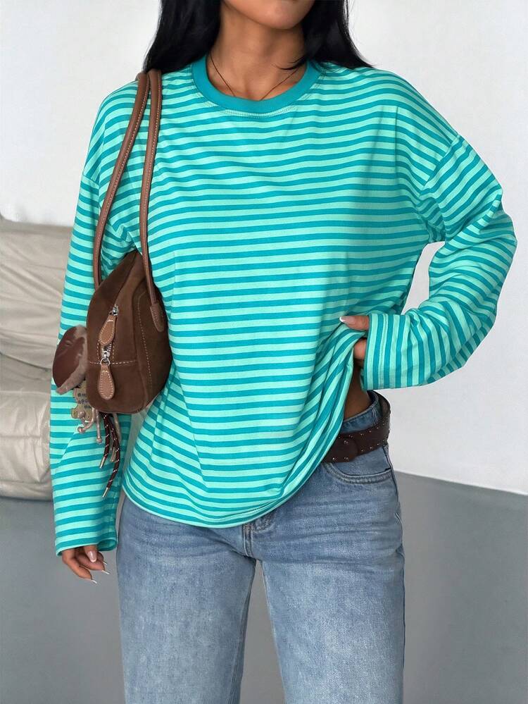 Women's Casual Round Neck Dropped Shoulder Long Sleeve Striped Christmas Black & Red Contrast Ribbed Everyday T-Shirt - Mint Blue - View 3