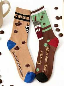 1/2 Pairs Creative Coffee Print Mid-Calf Socks For Women, AB Style Fun Coffee Bean Cartoon Pattern Socks, Versatile Casual Socks - Multicolor - View 3