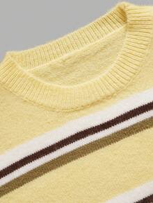 Sweater Rajut Lengan Panjang Leher Bulat Motif Garis-garis Kuning Multiwarna untuk Wanita Musim Panas dan Gugur, Model Pullover Kasual Dasar - Kuning - View 4