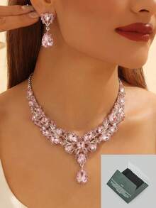 Bộ 1 dây chuyền và bông tai thời trang phong cách phóng khoáng đính pha lê, kim loại đính đá rhinestone toàn bộ, phù hợp làm phụ kiện cho váy cưới cô dâu và đầm dạ hội - trắng - Xem 16