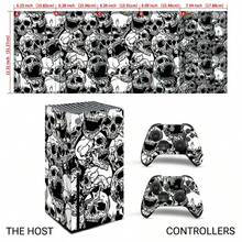 Series X Sticker Set, Black & White Hand-Drawn Full Print Skull Pattern, Waterproof & Scratch-Resistant Self-Adhesive Vinyl Game Console Skin, Removable Without Residue, Full Console + 2 Controller Decorative Decals - View 5