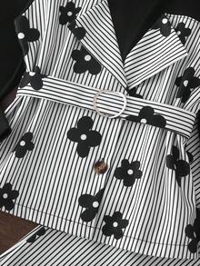 BASUSARRI Setelan 2 Potong untuk Anak Perempuan, Atasan Lengan Panjang Motif Garis-garis, Celana Panjang Motif Garis-garis, Busana Wanita Modis Gaya Elegan untuk Beraktivitas di Luar Ruangan dengan Sabuk, Musim Semi/Gugur - Hitam - View 6