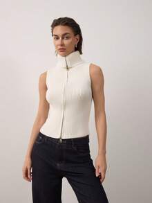 Women's Casual Fashionable Daily Commute Zip-Up Lapel Ribbed Knit Vest Top White Summer - White - View 5