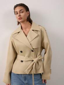 Women's Long Sleeve Collared Casual Belted Short Trench Coat - Light Khaki - View 7