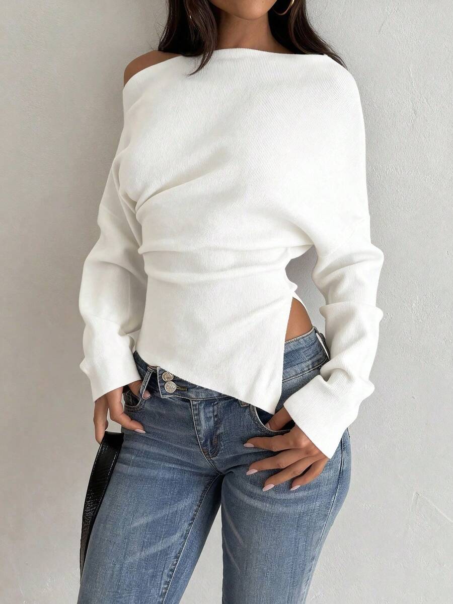 GLAMSKIN Women's Autumn Cold Shoulder Long Sleeve Fitted Knit Sweater, Asymmetric Draped Ruched Ribbed Knit Top, Casual Wear, Suitable For Daily Date Night - White - View 1