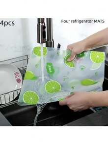 4pcs Reusable Thickened Refrigerator Mats - Lemon Pattern, Drawer Liners, Moisture-Proof Mats, Suitable For Refrigerator And Kitchen Decor, Kitchen Essentials/Tools/Supplies/Accessories, Halloween, Christmas, Kitchen Accessories - View 1