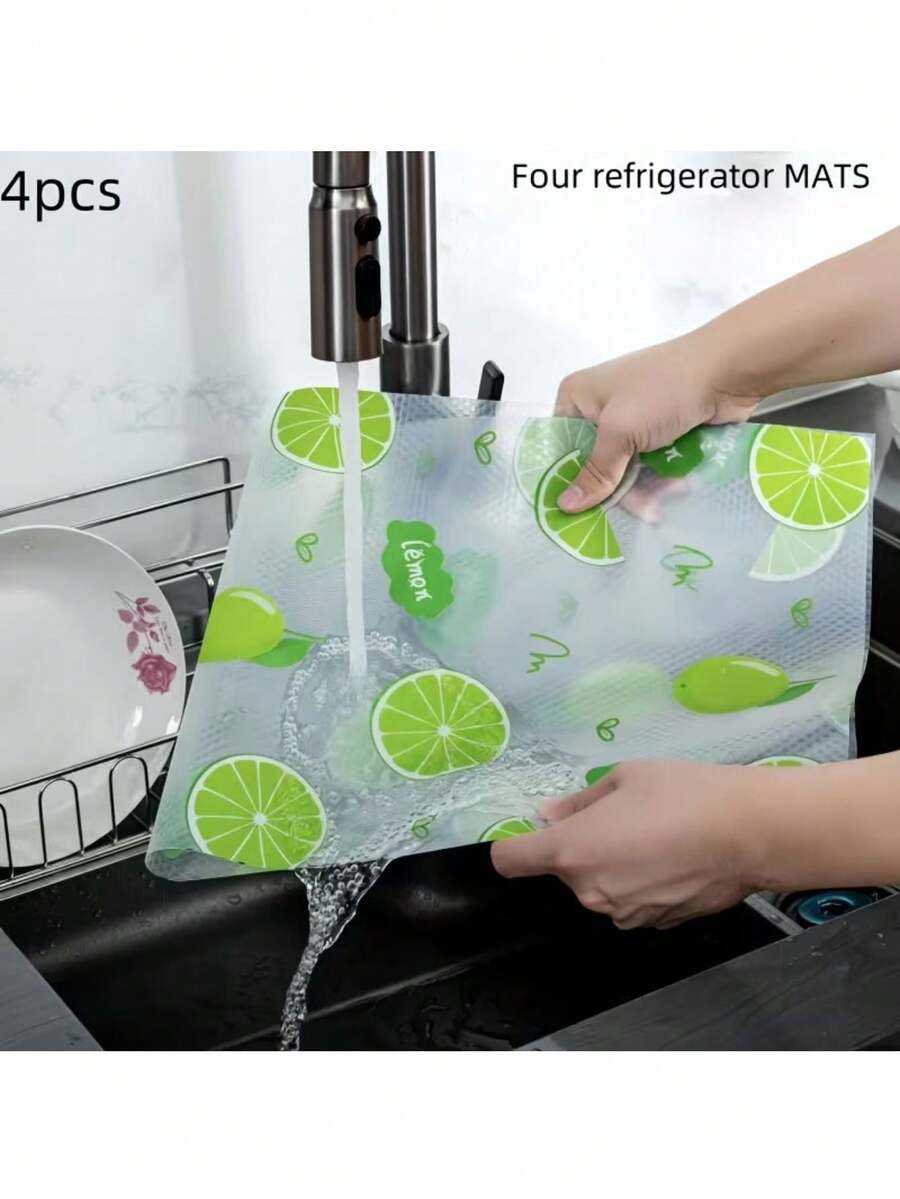 4pcs Reusable Thickened Refrigerator Mats - Lemon Pattern, Drawer Liners, Moisture-Proof Mats, Suitable For Refrigerator And Kitchen Decor, Kitchen Essentials/Tools/Supplies/Accessories, Halloween, Christmas, Kitchen Accessories - View 1
