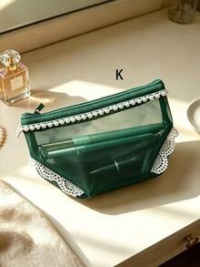 Green Mesh Makeup Bag Set, 1Pc Portable Cosmetic Organizer With Pearl Lace Zipper, Travel Toiletry Pouch For Women, Waterproof Transparent Mesh Beauty Storage Bag For Travel Bathroom - Green - View 7