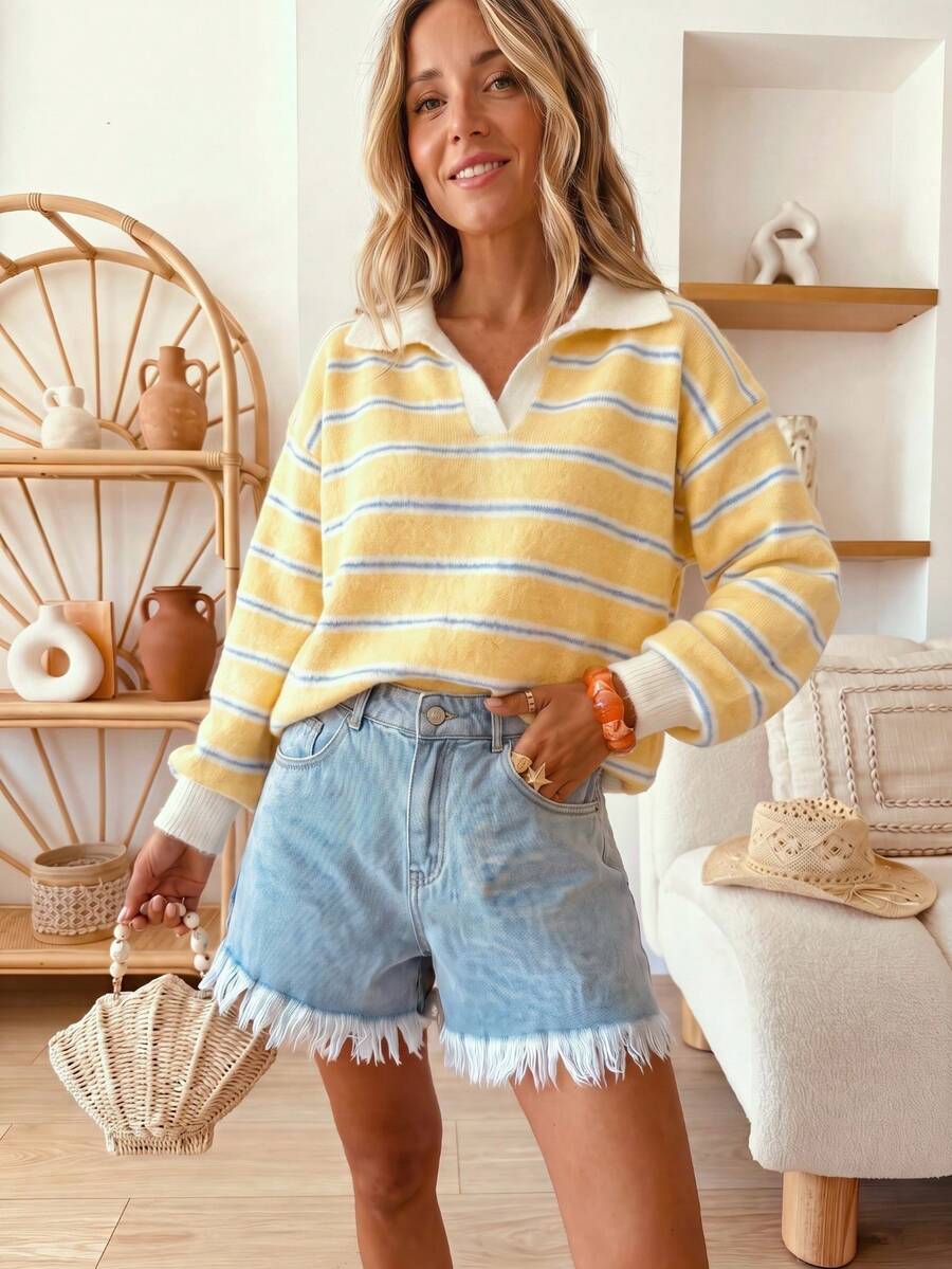 Suéter de punto de moda retro con bloques de color y rayas estilo preppy para mujer, otoño/invierno - Amarillo/Azul y blanco - Ver 1