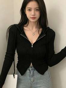 YCYC 秋冬設計雙向拉鍊女款長袖連帽針織開襟衫 黑色 - 黑色 - 查看 1