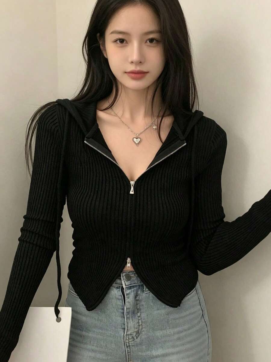 YCYC 秋冬設計雙向拉鍊女款長袖連帽針織開襟衫 黑色 - 黑色 - 查看 1
