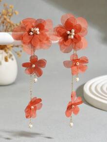 1 Pair Fabric Flower Faux Pearl Long Earrings Suitable For Daily Wear (Bead Color Random) - Orange Red E1677 - View 3
