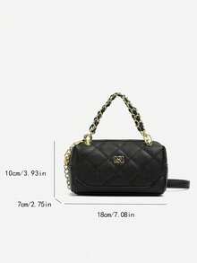 Tas Tangan Silinder Motif Leci Hitam, Jahitan Quilted Berlian, Dekorasi Logo Persegi Logam Emas di Bagian Depan, Desain Terstruktur dan Kompak, Dapat Menyimpan Ponsel dan Kosmetik, Tas Selempang Kecil Wanita untuk Perjalanan dan Kencan - Hitam - View 2